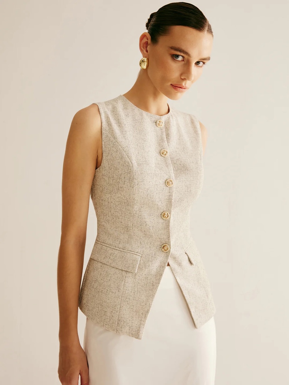 Commense Beige Tweed Sleeveless Button Front Top